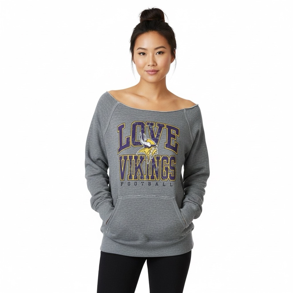 NWT NFL Minnesota Vikings Sweatshirt Womens L Gray Off The Shoulder Oversized